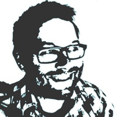 A stylized black and white image of a man with glasses smiling.