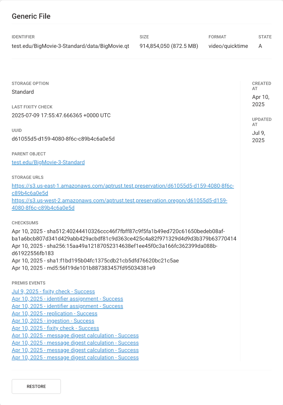 A screenshot of a generic file record stored in APTrust. It displays both the semantic identifier and UUID, demonstrating that the UUID is used to locate the file in preservation storage.