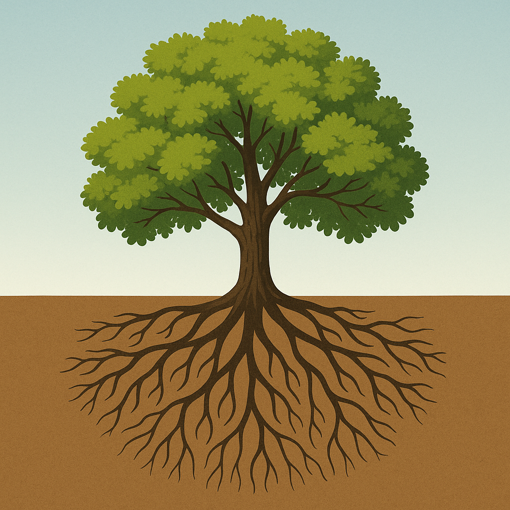 A tree is shown both from above ground with trunk, branches, and leaves, and from below, with roots.