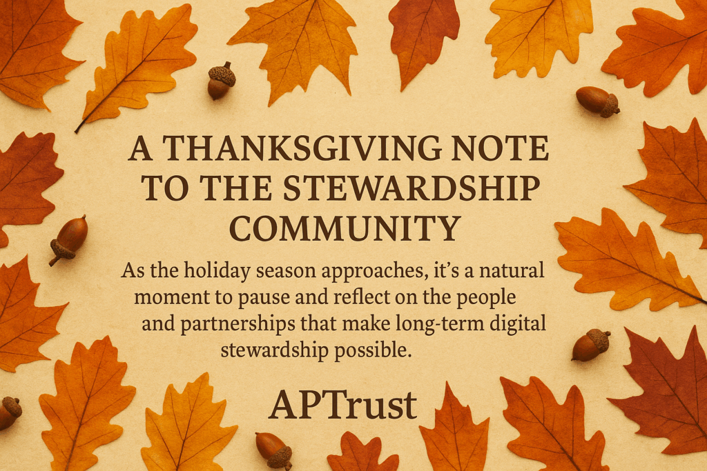 Leaves and acorns surround the text "A thanksgiving note to the stewardship community"