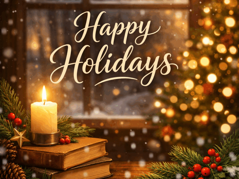 Festive candles, lights, books, and greenery in warm lighting.