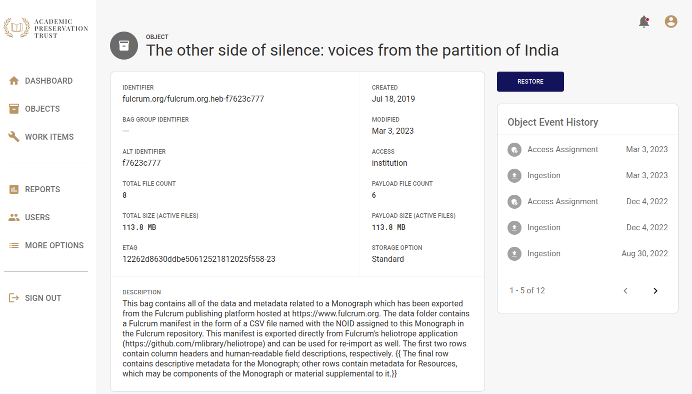 An image of the APTrust Registry showing the Object Details page for a deposited item.