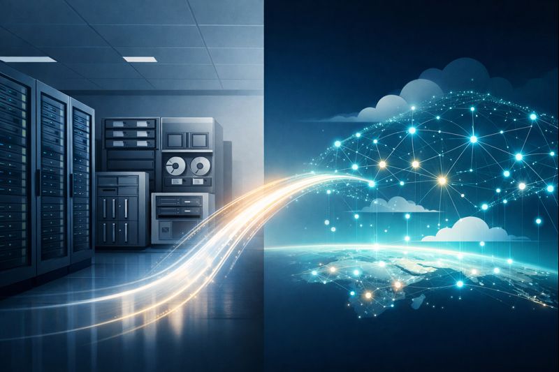 Split-screen illustration of a traditional data center on the left and a cloud-based digital preservation network on the right, connected by a glowing arc that represents transition.