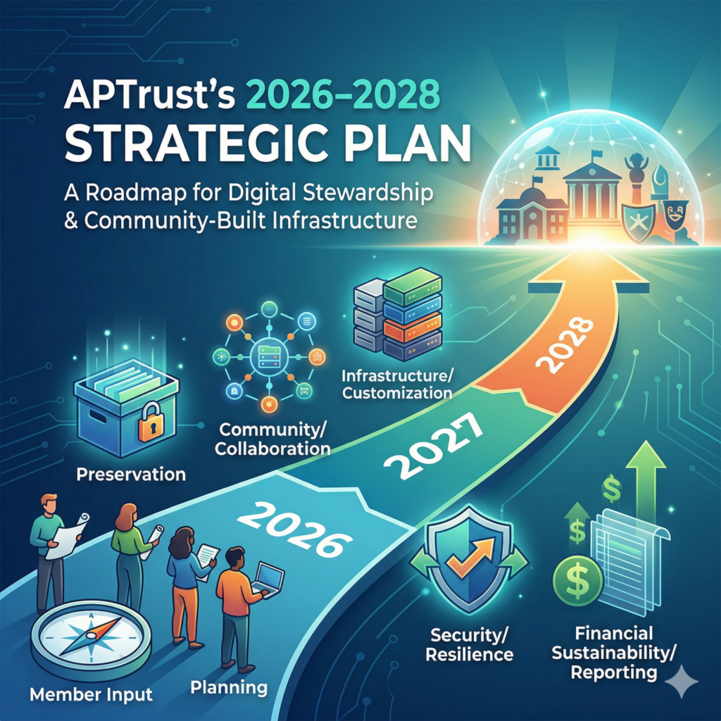 A curved timeline arrow with the years 2026, 2027, and 2028 points toward a glowing domed city representing scholarly institutions. The path is flanked by icons representing five core goals: Preservation, Community/Collaboration, Infrastructure/Customization, Security/Resilience, and Financial Sustainability.