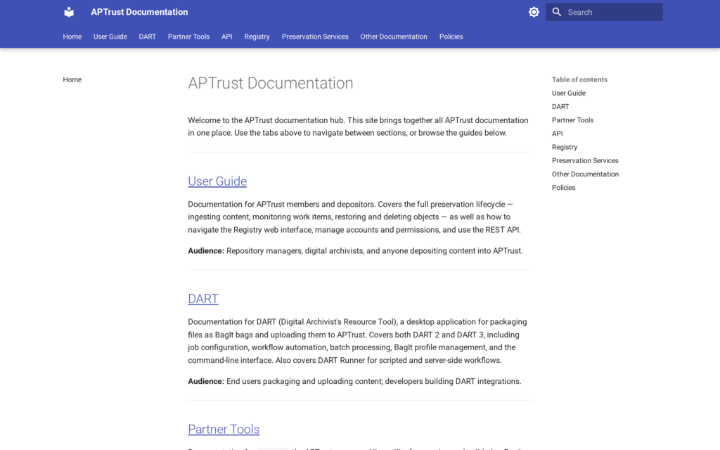 APTrust Docs homepage screenshot showing the new site.