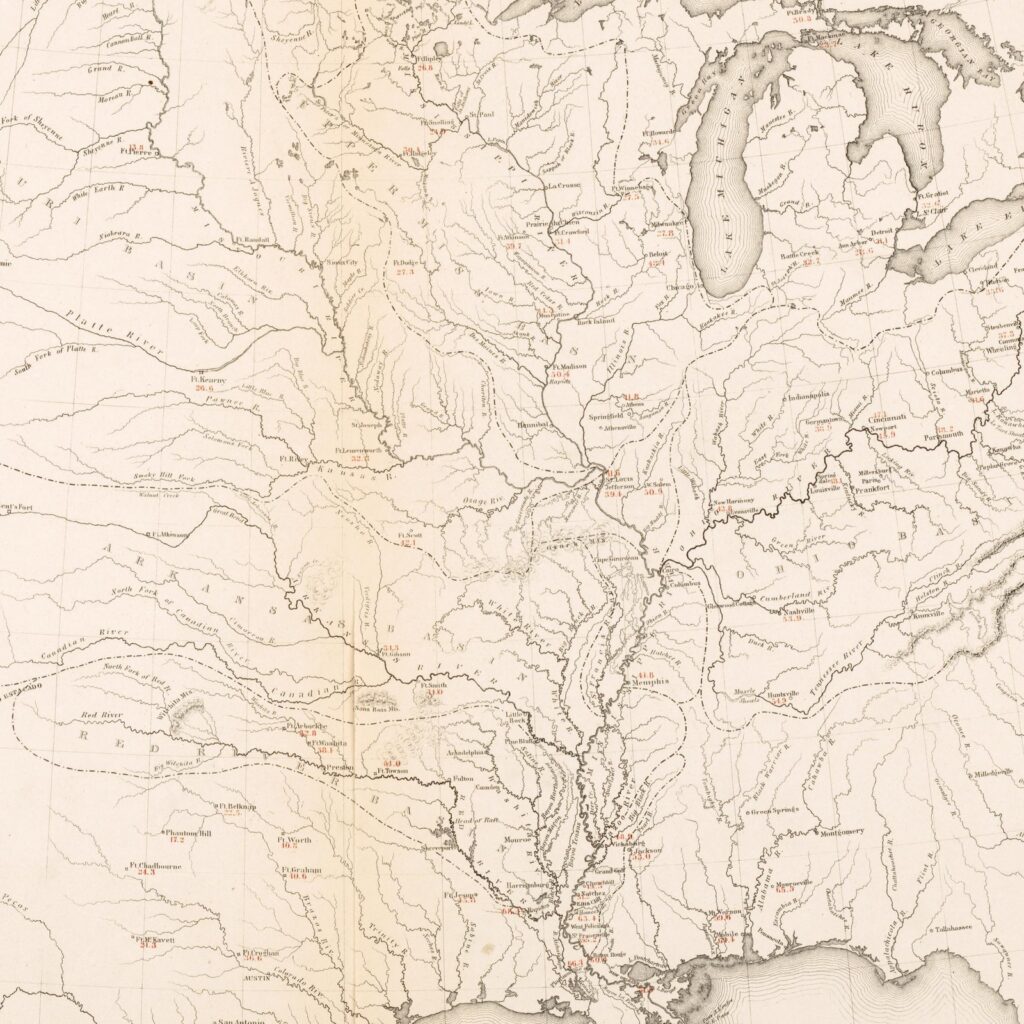 Detail of an 1861 engraved map showing the dense branching network of the Mississippi, Missouri, and Ohio river systems across the central United States.